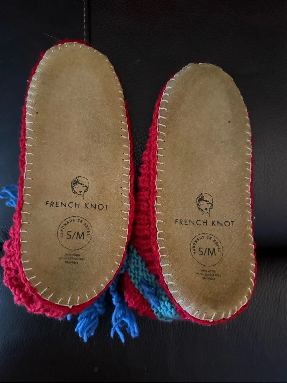 French Knot Handmade Wool Knit Slippers S/M Fair Isle Leather Sole